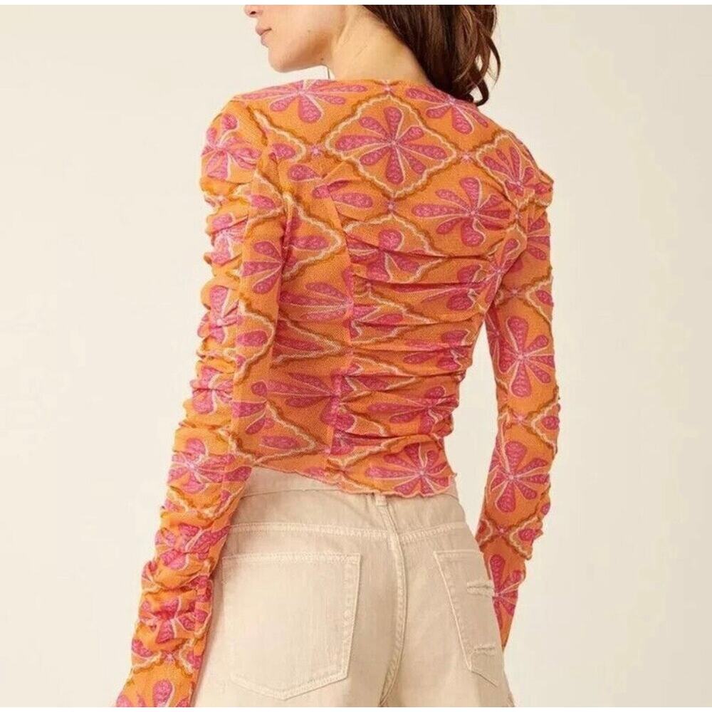NEW Free People Through The Meadow Grapefruit Seltzer Orange Ruched Retro Top - Picture 7 of 13
